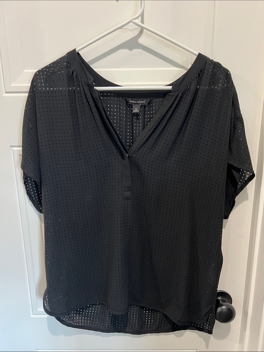 Black Short-Sleeve Perforated V-Neck Top